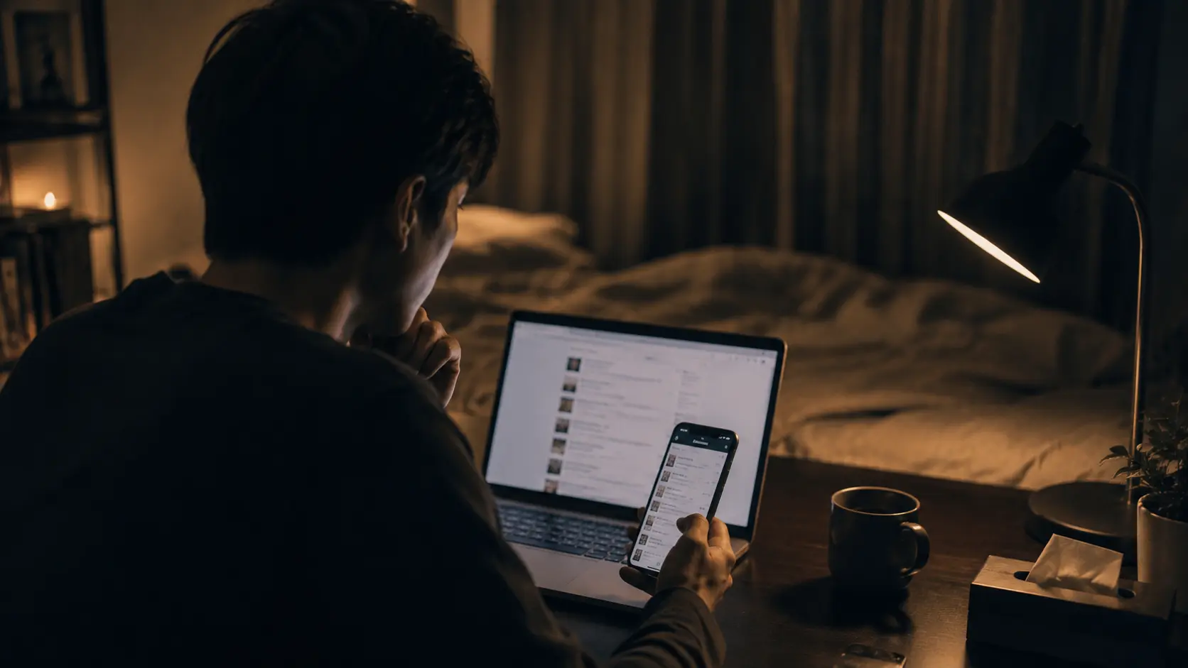 夜、自宅で一人の成人がスマホやPCを見ながら 「同じ趣味の人がいる場所を探している」雰囲気の写真