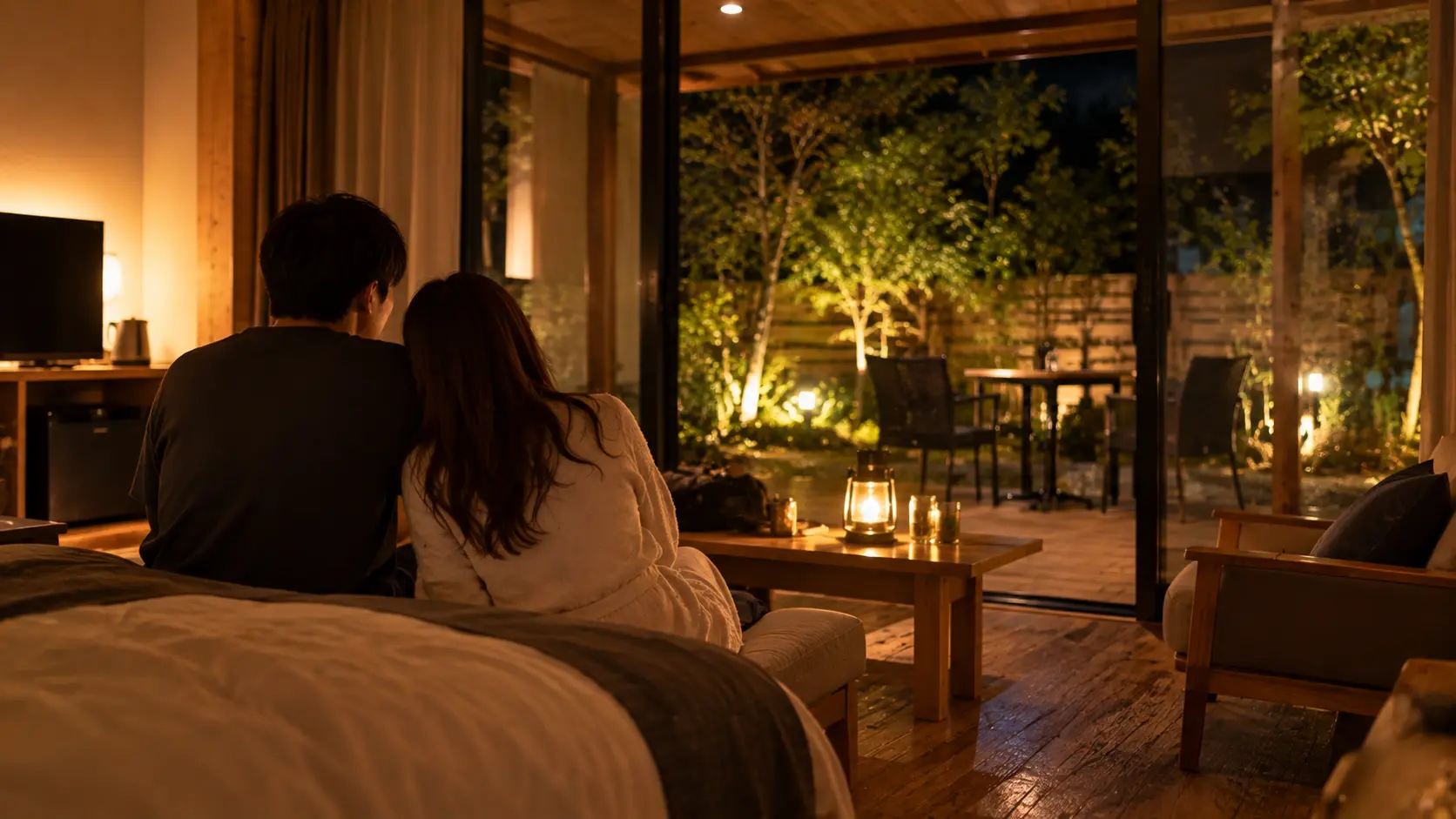 庭付き宿・夜の室内に男女がいる光景